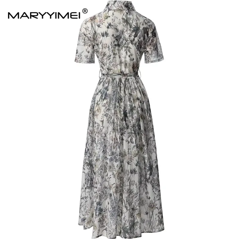 MARYYIMEI Spring Summer Women\'s Dress Cotton Turn-Down Collar Short-Sleeved Single-Breasted Print Lace-UP Holiday Dresses