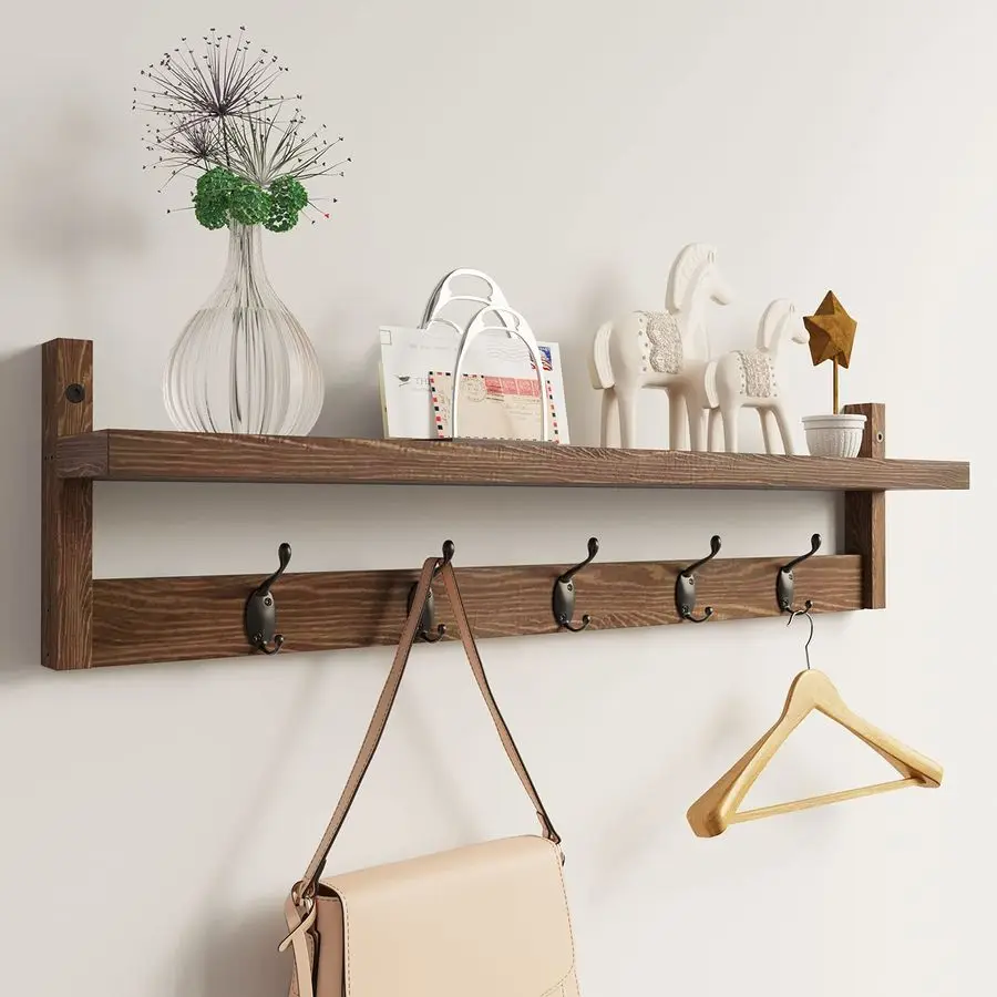 

28.9 Inch Length Shelf with Hooks Entryway Coat Rack Wall Mount Wood Coat Hooks with Shelf WallMounted Coat Hook Rack with 5 Dua