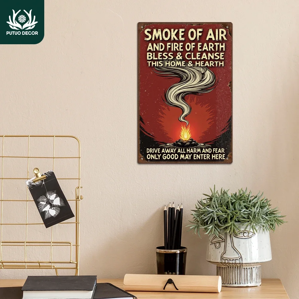 Putuo ديكور 1 قطعة علامة القصدير المعدنية خمر ، دخان الهواء والنار ، جدار ديكور فني للمنزل حفلة الهالوين ، هدية
