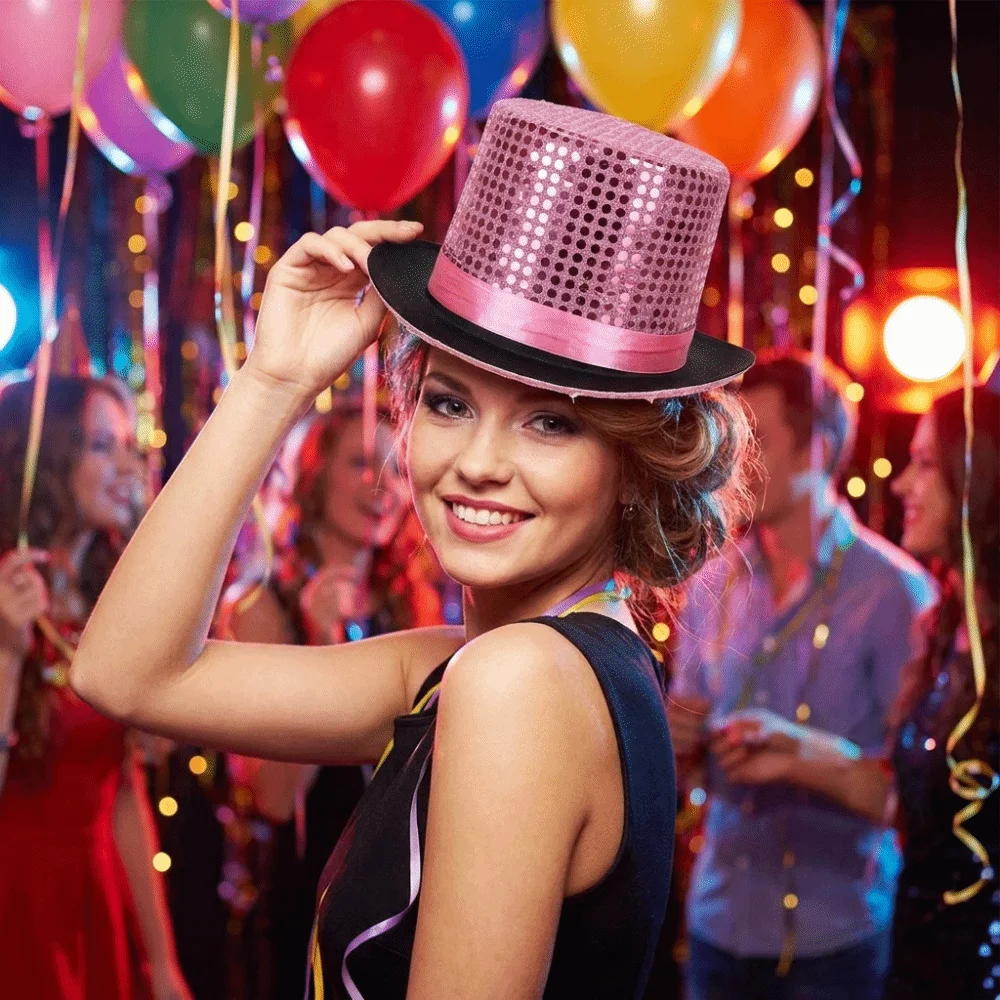 

Sequined Glitter Top Hat British Style Multicolor Glittering Magician Hat Polyester Durable Lightweight Bowler Jazz Hat