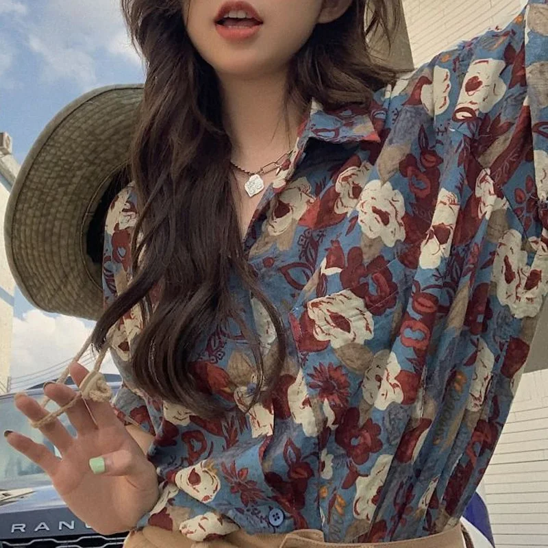 Summer New POLO Collar Fashion Short Sleeve Shirt Women High Street Casual Button Cardigan Vintage Printing All-match Blouse