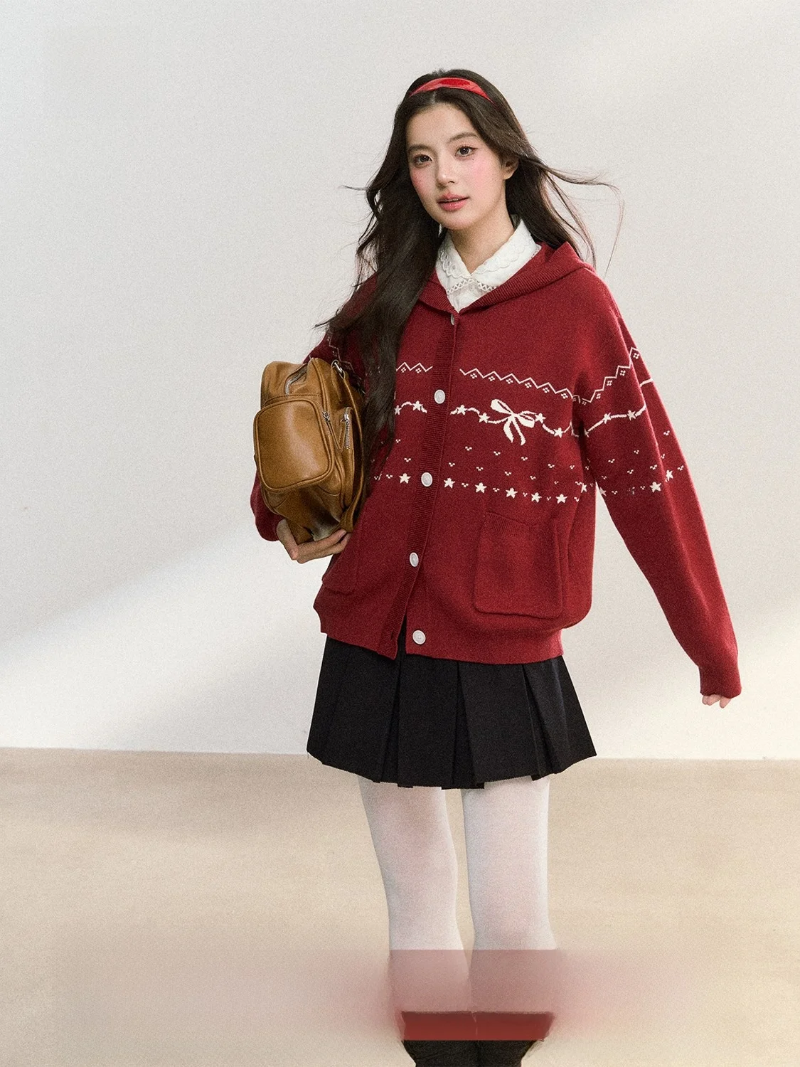 

Милый красный вязаный свитер с капюшоном и узлом Fair Isle, корейский кардиган, свободный крой, теплый осенне-зимний топ