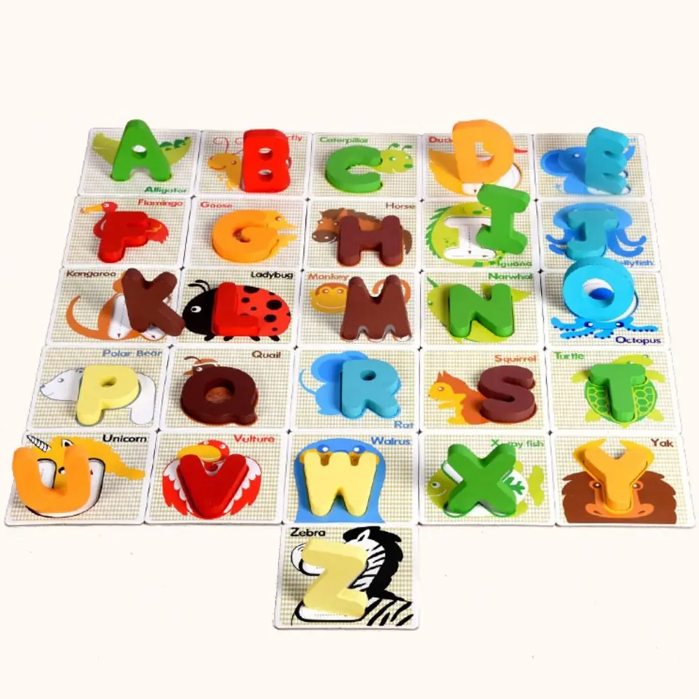 26 English Letters Colorful Wooden Letter Flashcard Pattern Spelling Practice English Alphabet Puzzle Game Early Educational