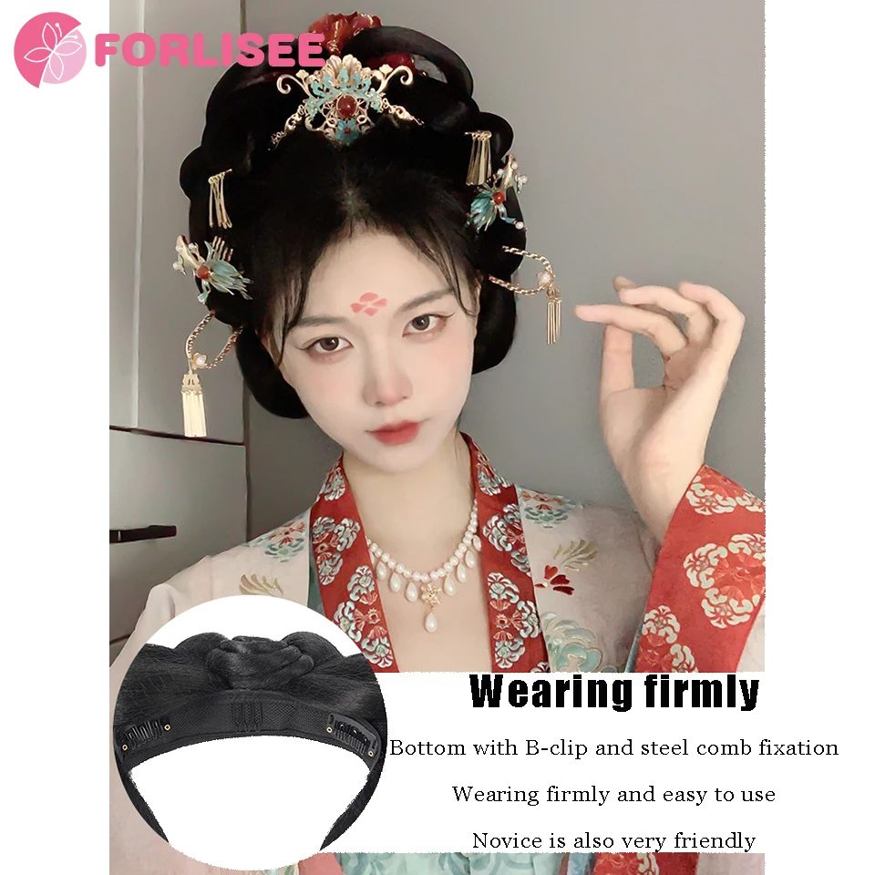 Synthetic Ancient Costume Hanfu Wig All-in-one Lazy Hairband Ancient Style Full Tang Style Hairstyle Daily Wig Bun Pad Hair Bag