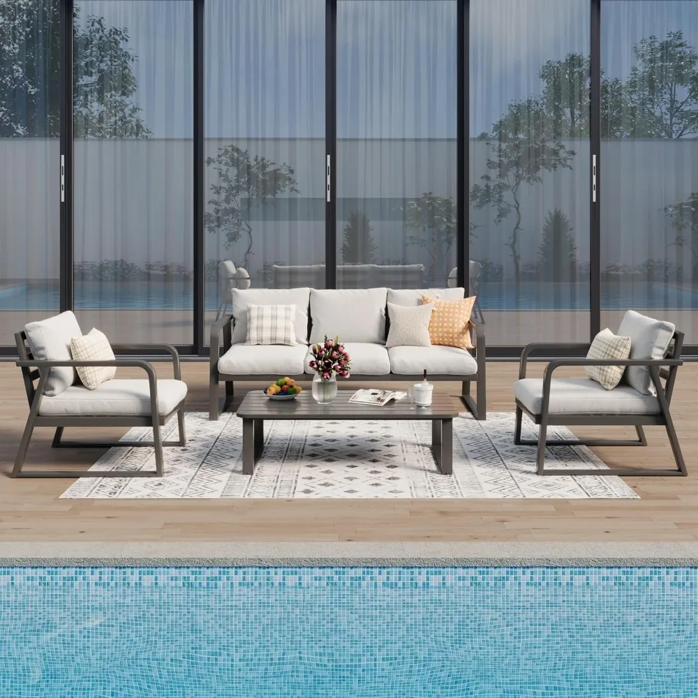 

4 Piece Garden Furniture Sets for Porch, Sunroom, Deck, Outdoor Conversation Set with 3 Seat Couch and