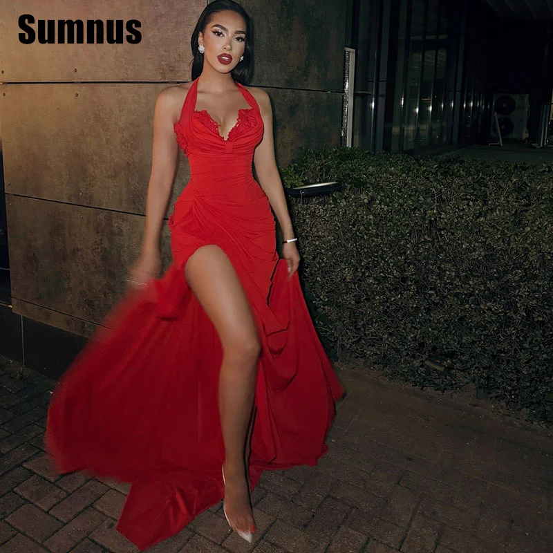 

Sumnus Elegant Red Mermaid Evening Dress Halter Side Slit Pleats Lace Prom Dresses 2025 فساتين سهرة Customize