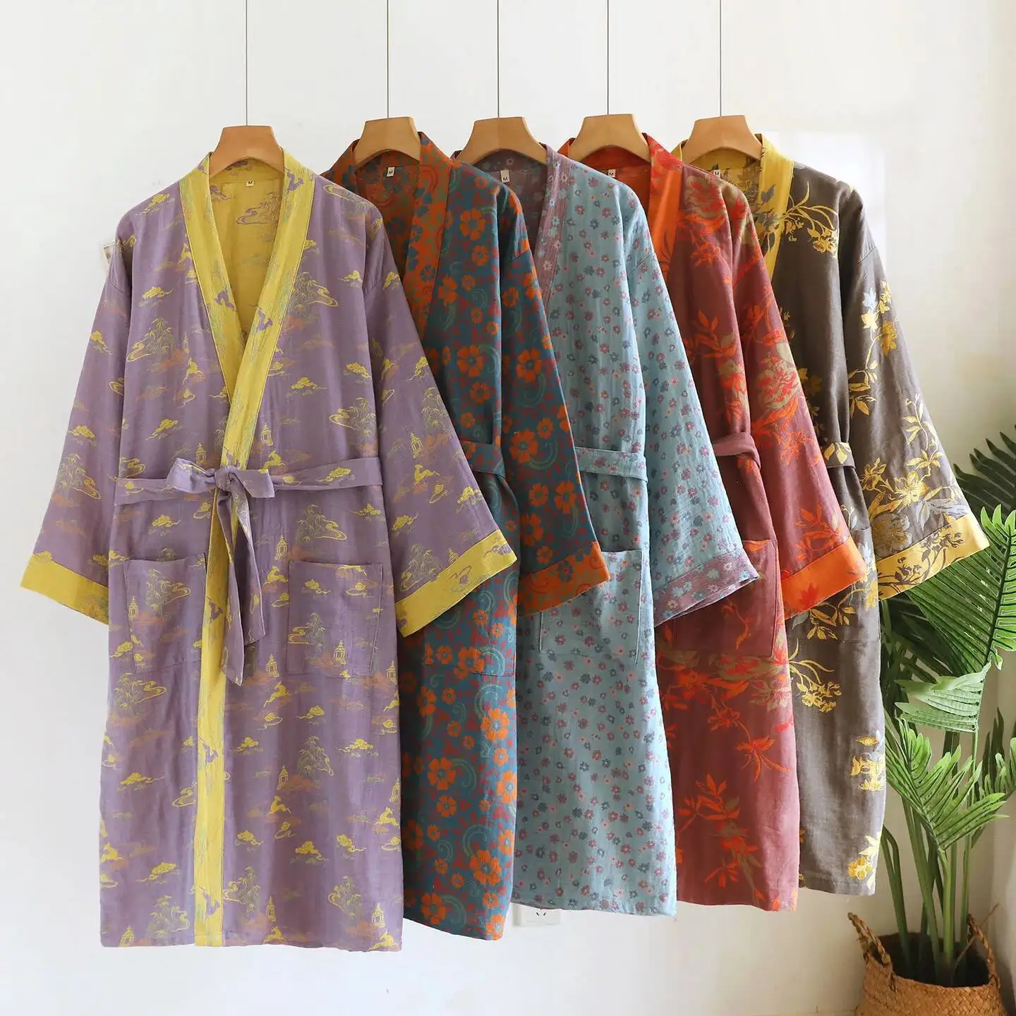 

Cotton Yarn Dyed Kimono With Belt For Women's Spring And Autumn Thin Vintage Jacquard Sleepwear Yukata Home Robes