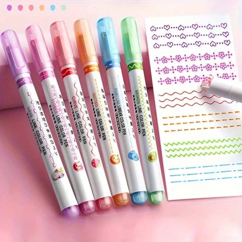 6Pcs Kawaii Flower Curve Highlighter Pen Roller Tip Line Marker Journal Drawing Stationery