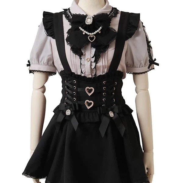 Japanischer Mine-Stil, LIZ, abnehmbare Hosenträgerröcke, Herzknopf, Schleife, hohe Taille, A-Linie, süßer, vielseitiger Lolita-Rock für Damen