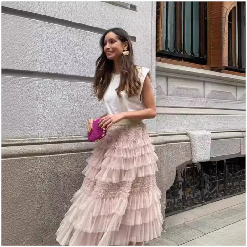 تنورة كعكة نسائية عصرية بنصف الجسم على طراز الشارع تنورة طويلة لصيف 2025 تنورة كعكة متأرجحة كبيرة شبكية جديدة