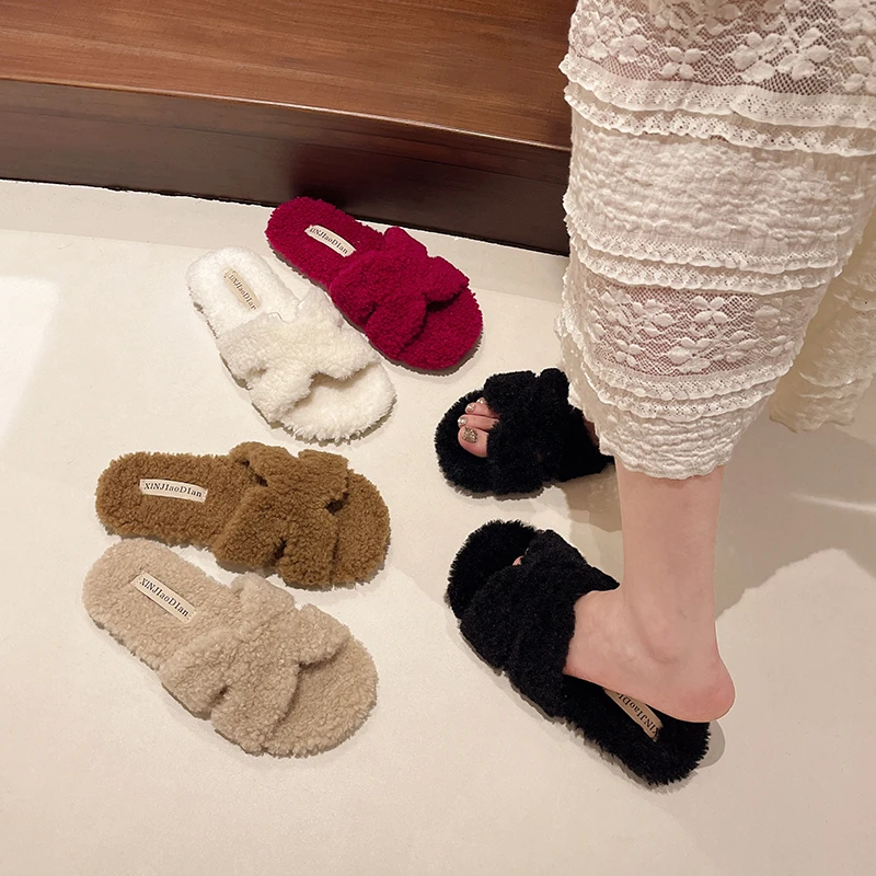 Winter Luxury Women Fur Slippers Open Toe Cross Band Slippers Designer Autumn Winter  Comfort Warm Shoes Fashion Flat Casual