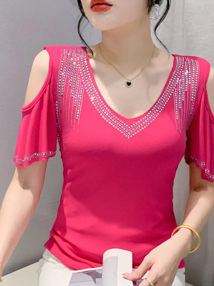 #7201 Off Shoulder T Shirt Women V-neck Diamonds Sexy Skinny T Shirt Female Short Sleeve Stretch Mesh Short Tshirt Femme Summer