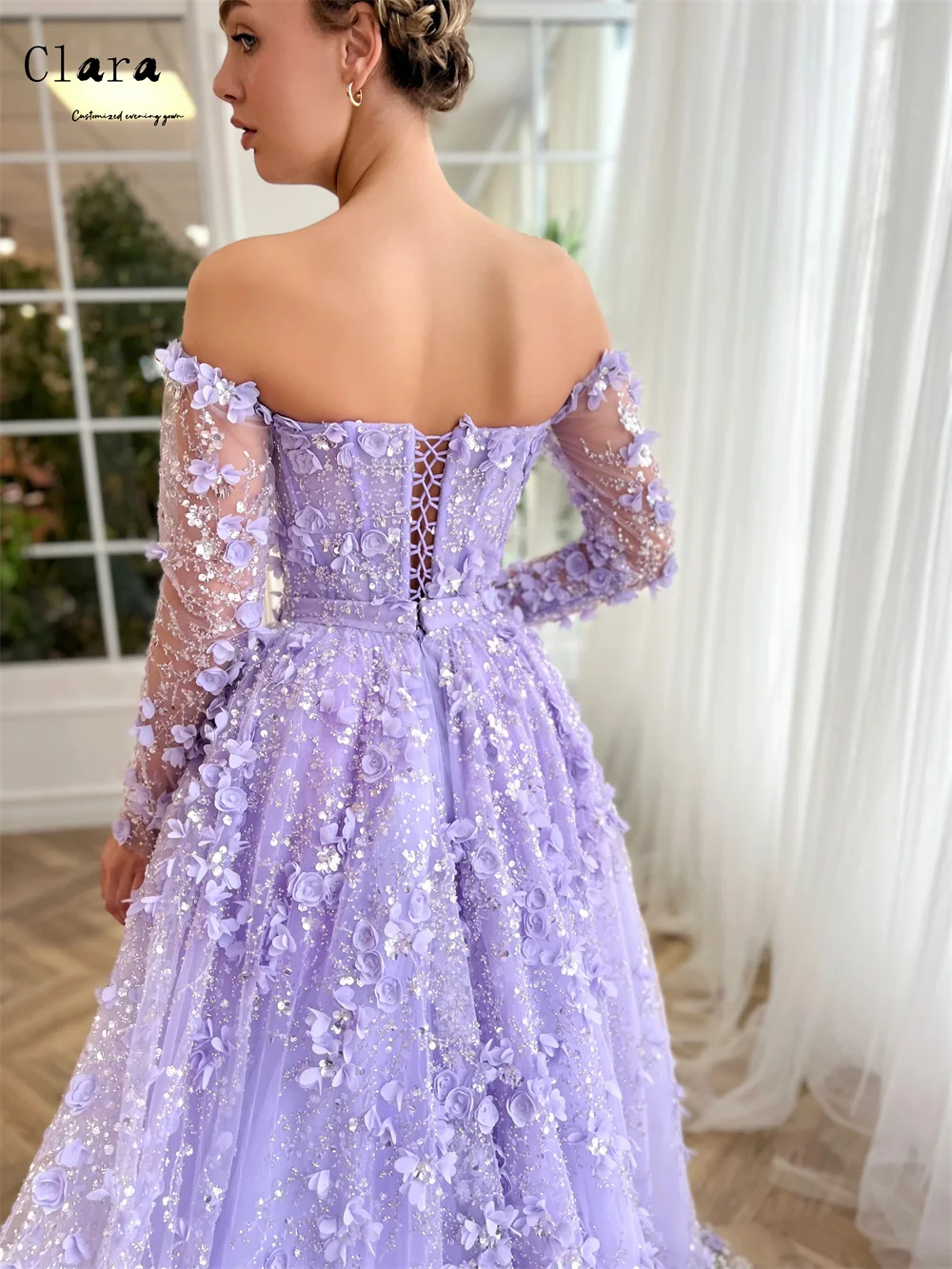 Clara Custom Lila Blume A-Linie Schulterfreie Abendkleider Damen Hochzeitsgastkleider Luxus 2025, für Party-Abschlussballkleid