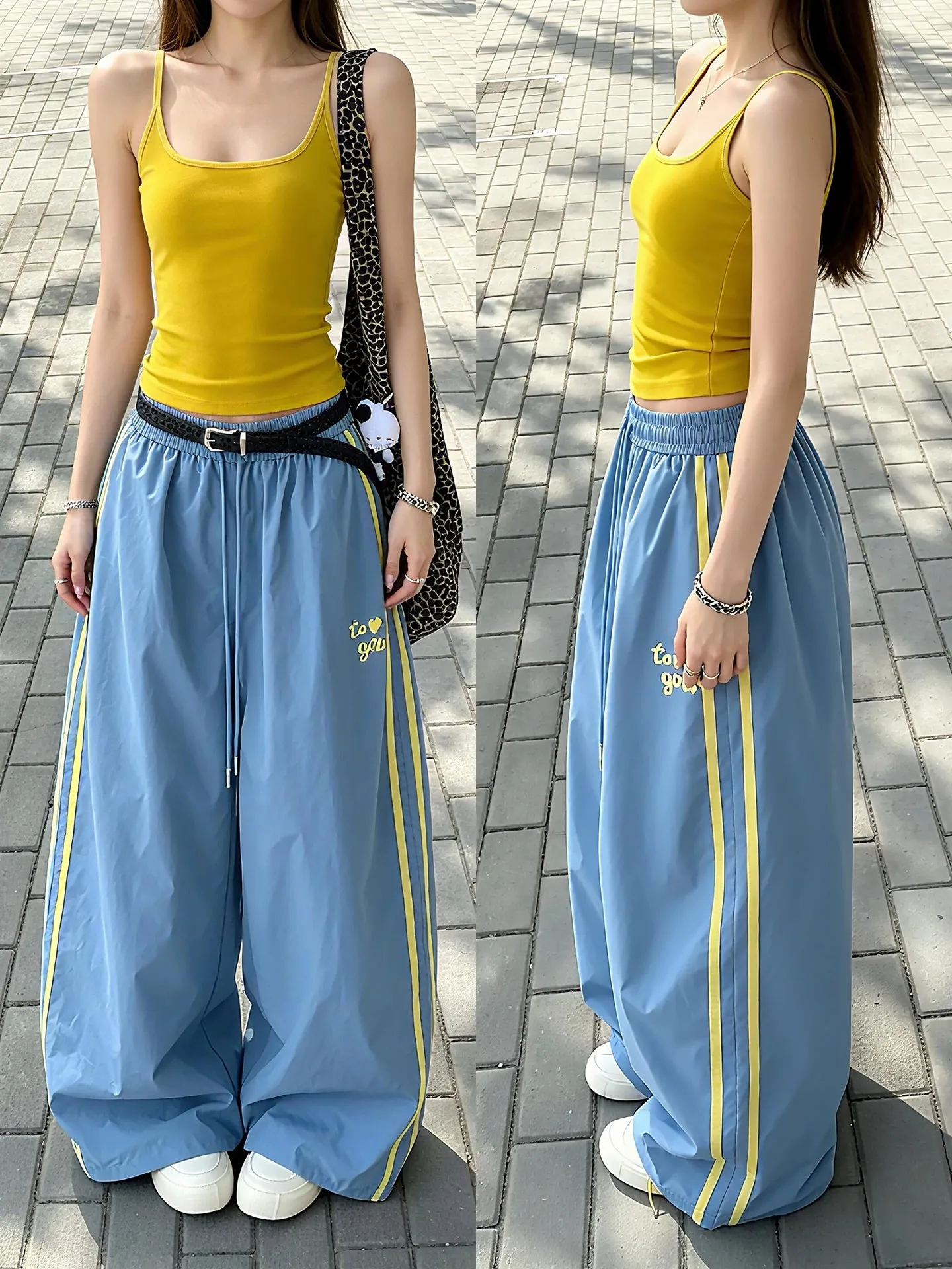 

Dopamine Blue Striped Sports Wide Leg Pants Women's Summer New Loose Dancing Casual Paratrooper Workwear Trousers
