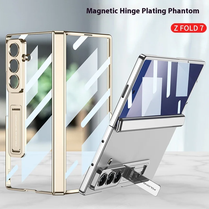 

For Samsung Z Fold7 Phone Case Transparent Electroplated Stand Magnetic Rotating Shaft Case Full Coverage Fold7 Protective Cover