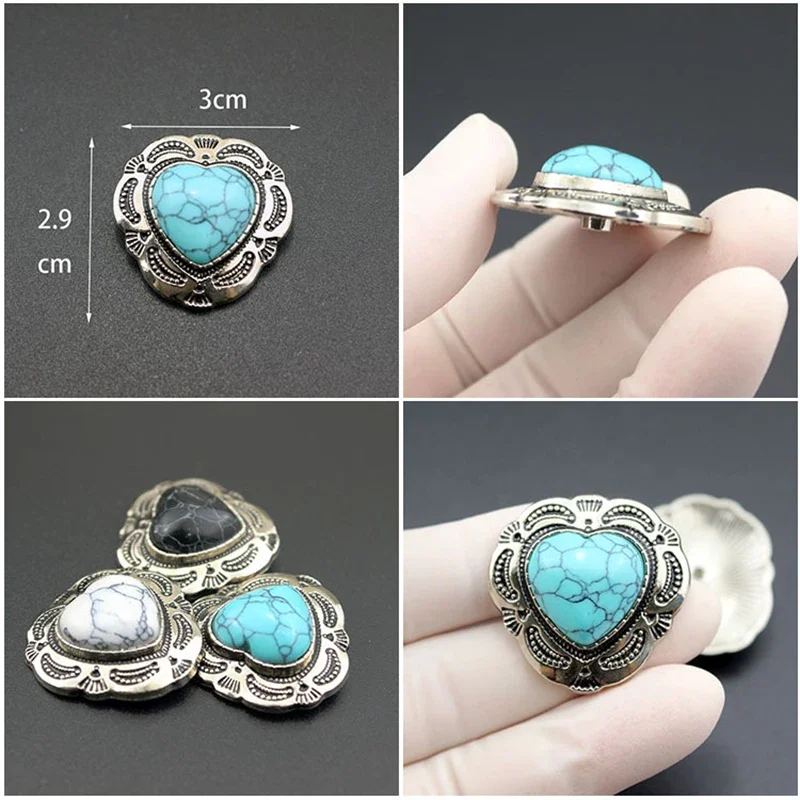 29*30mm Silver Ethnic Tribal Traditional Flower Love Heart Turquoise Leathercraft Conchos For Belt Wallet Decorative Accessories