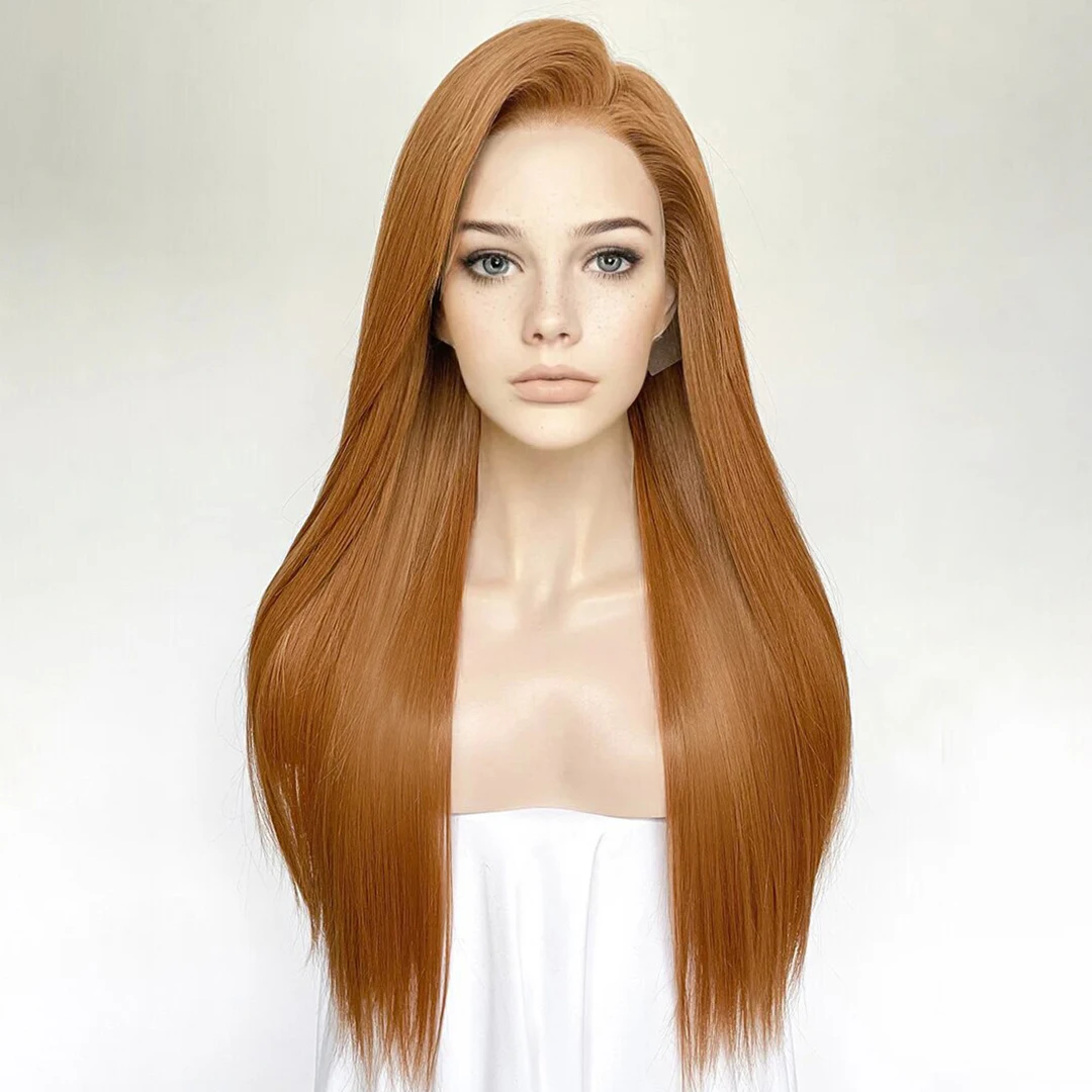 Long Glueless Silky Straight Caramel Brown Blonde 13x4 Lace Front Synthetic Hair Wigs Lolita Daily Wear Black Women Lace Wigs