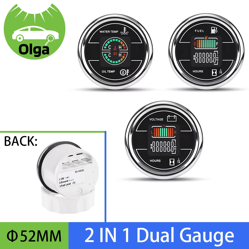 2 IN 1 Dual Gauge 12V DC 52MM Fuel Level Meter Voltage Meter Water Temperature Meter Oil Temp Meter for Auto Car Turck Universal