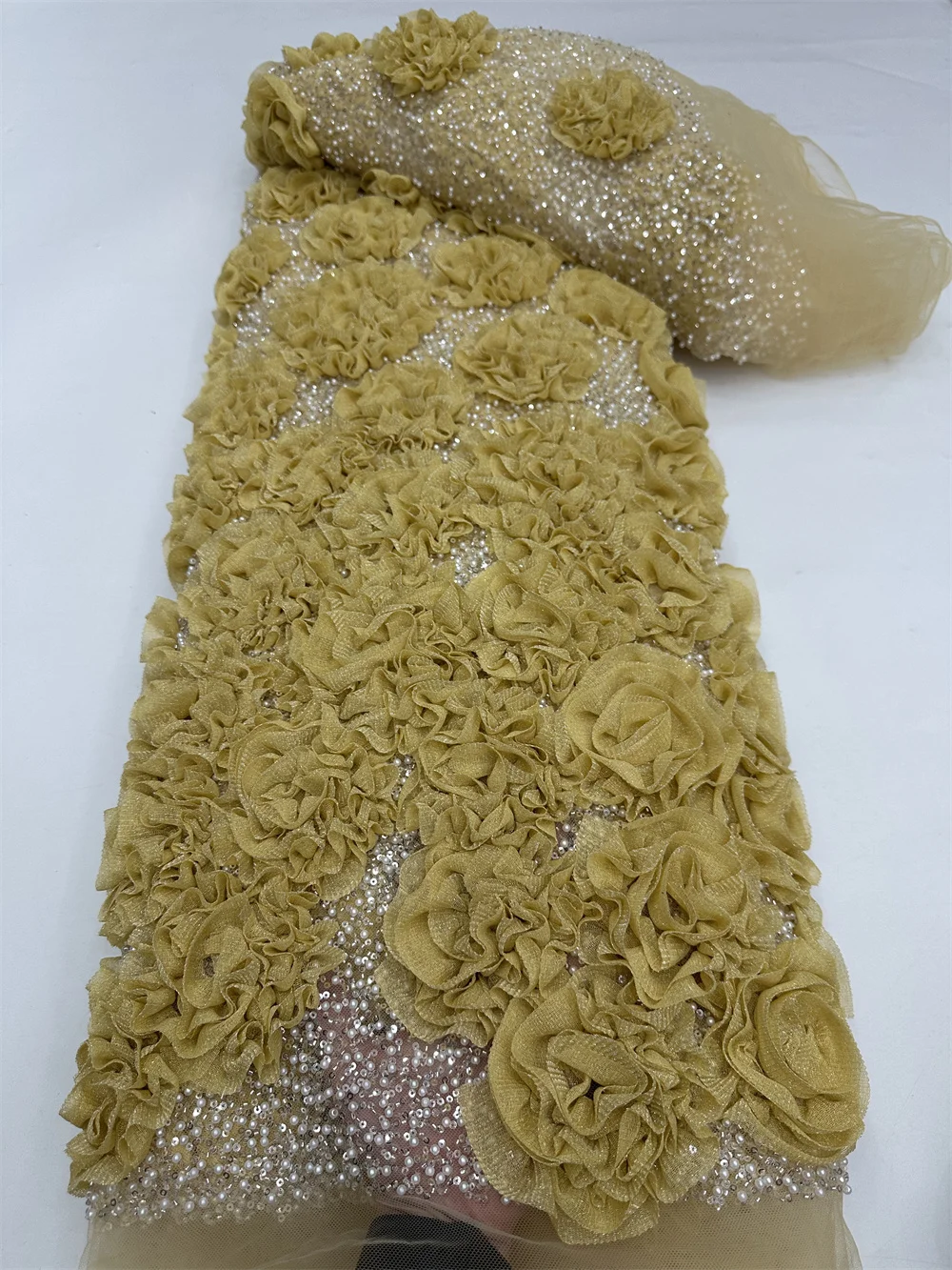 

African 3D Flowers Fabric 5 Yards 2025 High Quality Sequins Beads Embroidered French Nigerian Lace Fabric For Wedding