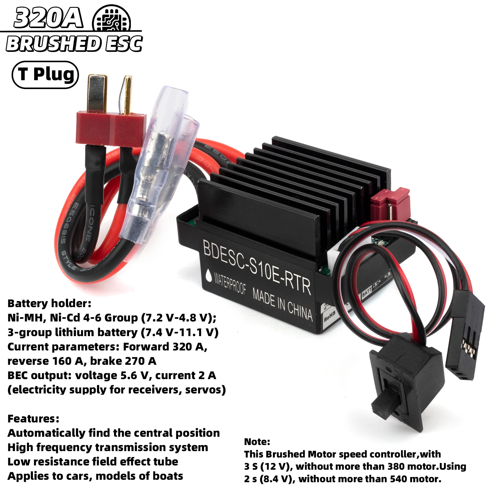 Bürstenmotor-Drehzahlregler 320 A mit 5 V 2 A BEC-Bürstenregler für verschiedene Arten von RC-Autos TRX TRX4 TRX6 Autos oder Boote