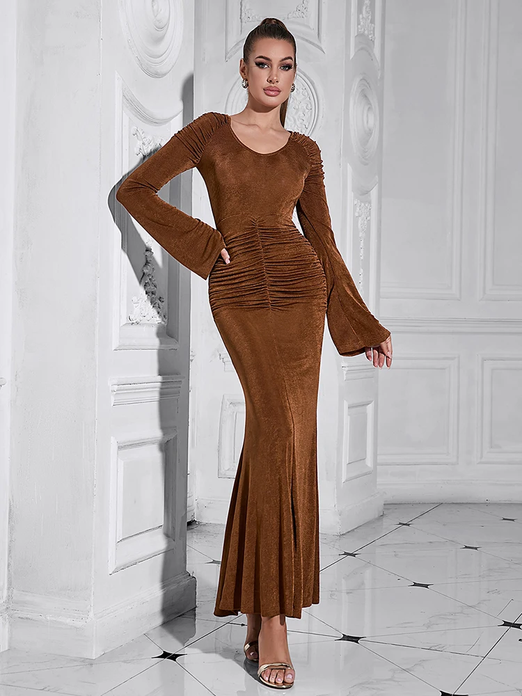 Vestido largo de manga larga con pliegues para mujer, vestidos Bodycon fruncidos marrones, vestidos de fiesta de noche elegantes, cuello en V, Sexy, Otoño, nuevo