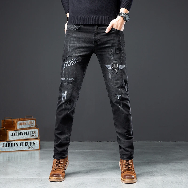 Embroidery Trend Black Jeans Men's Slim Stretch Handsome Menswear 2024 Autumn Street Fashion Skinny Trousers