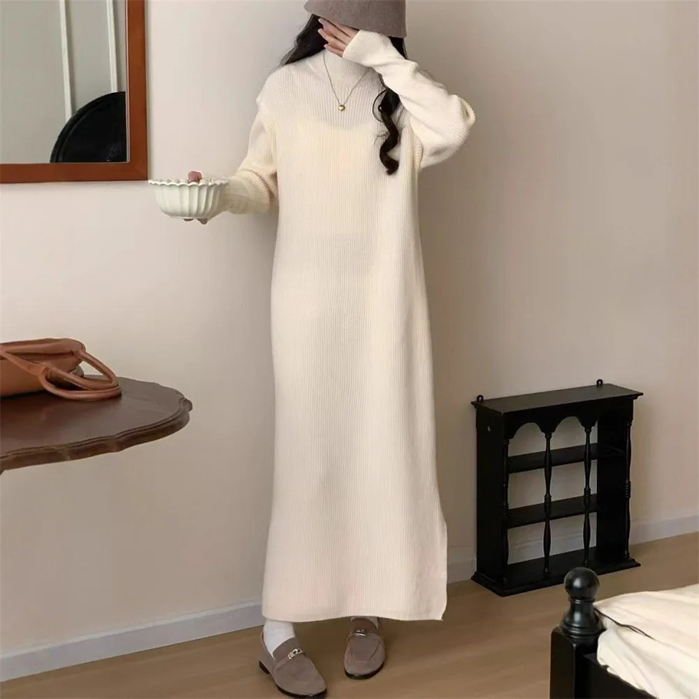 Estilo coreano cor sólida versátil meia gola alta vestido de malha para mulheres inverno solto ajuste camada interna vestido camisola quente