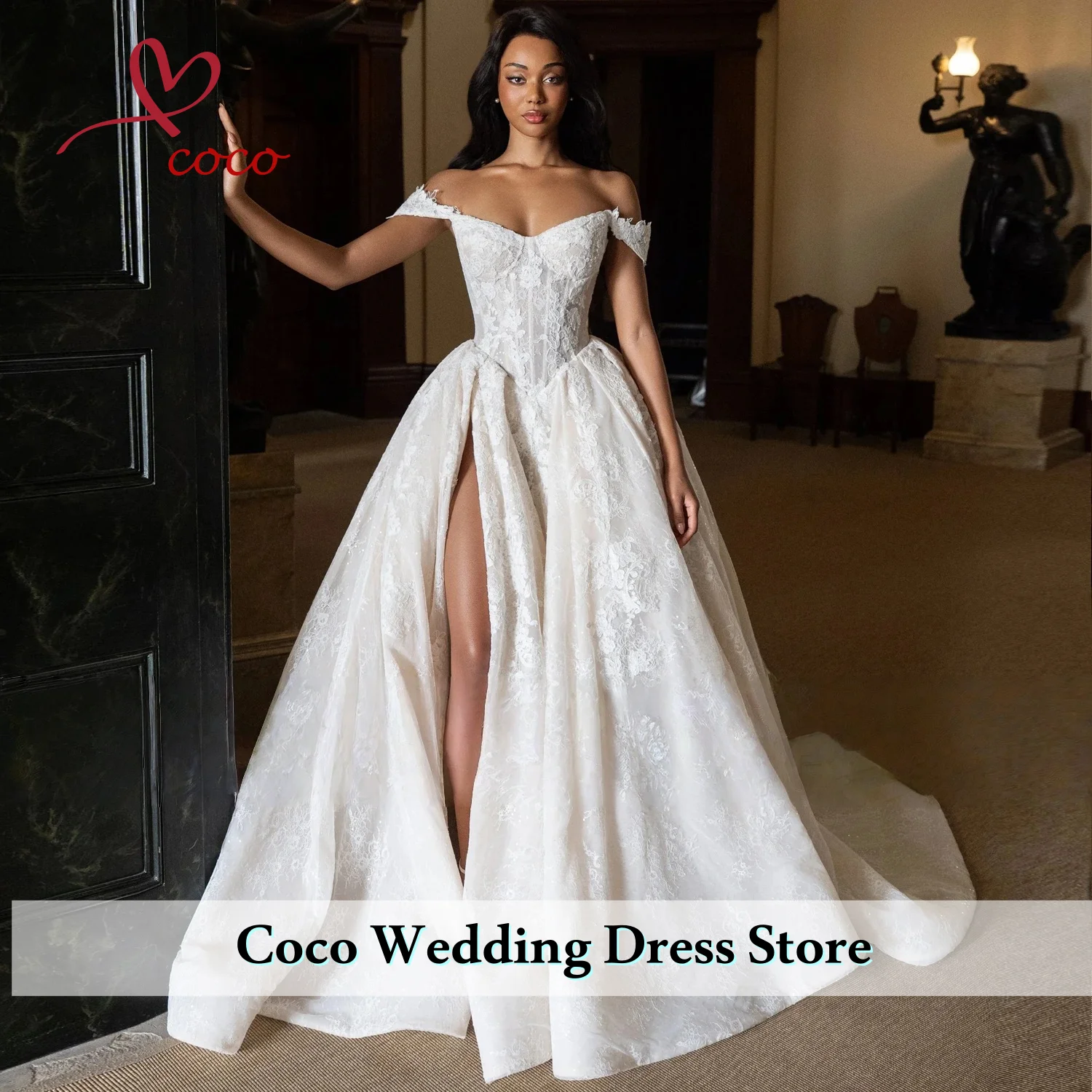 Personalizado elegante fora do ombro vestido de noiva fenda lateral vestido de casamento romântico a linha até o chão vestidos de novia