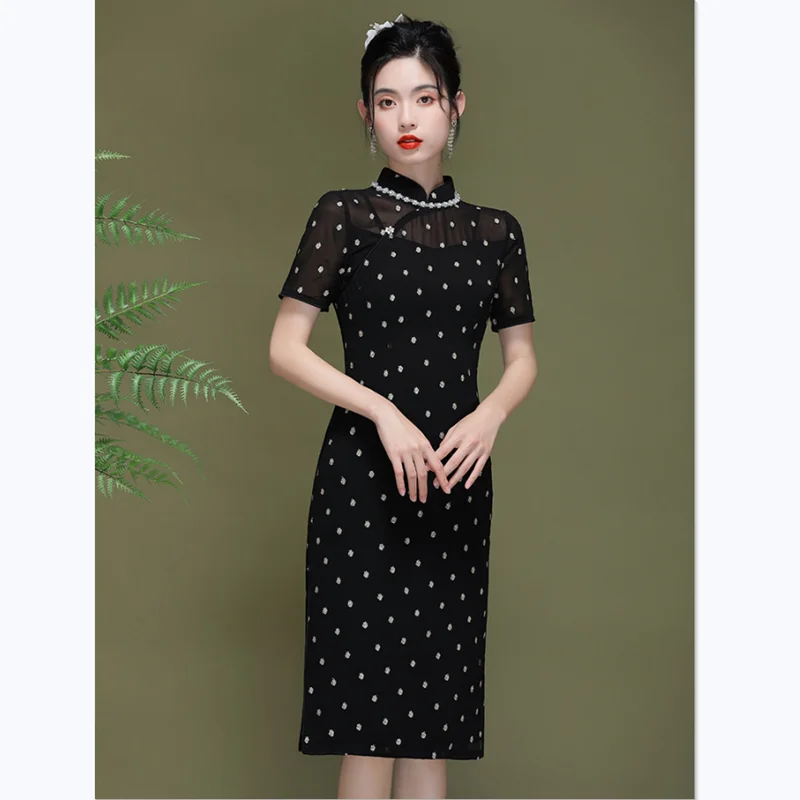 Black Dress Vintage Chinese Style Young Girl Stand Collar Short Sleeve Elegant Slim Fashion Beading Improved Cheongsam S-XXL