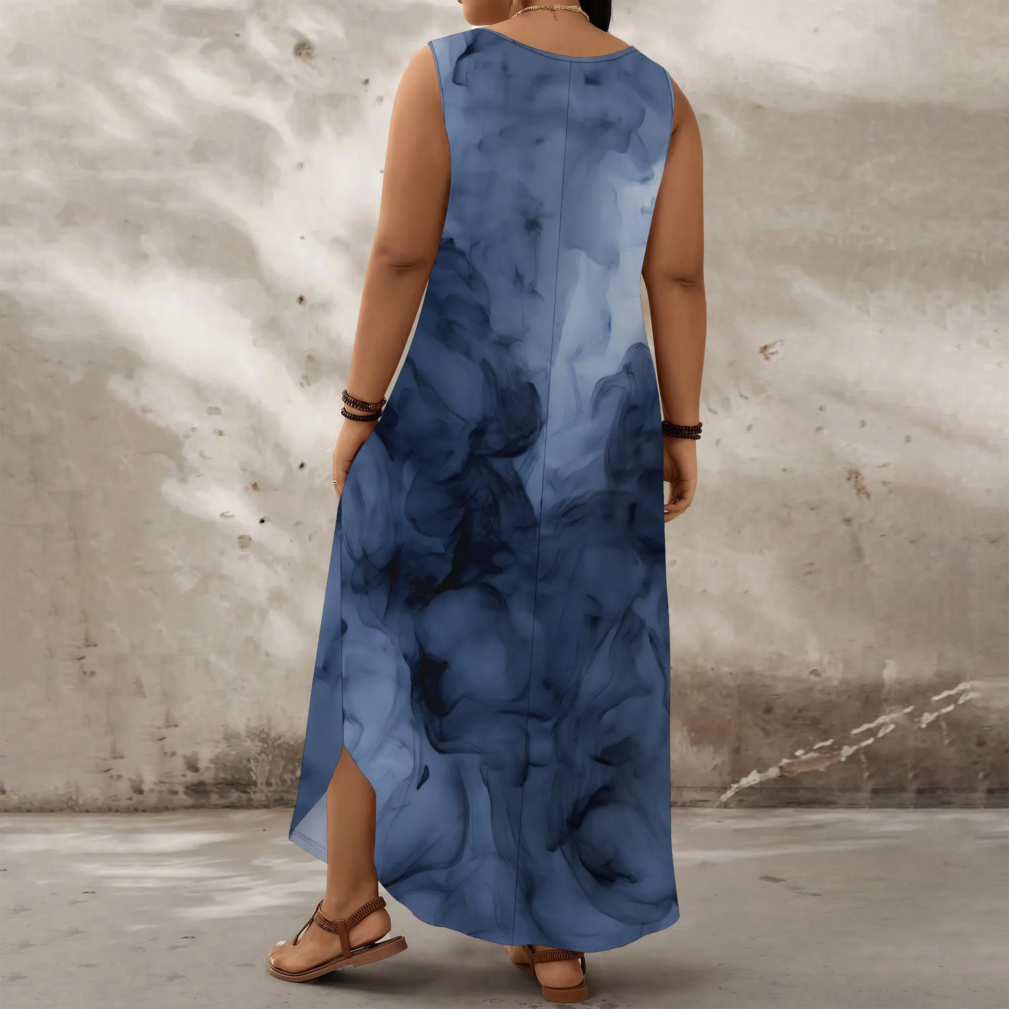 Gaun Tanpa Lengan Ukuran Besar Poliester Bunga Wanita Malam Pesta Biru Pudar