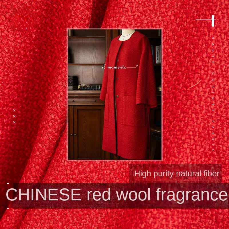 

Wool Fabric Autumn Winter Red Woolen Fashion Coat Fabrics Brand Designer Diy Sew Embroidered Cloth by the Meter