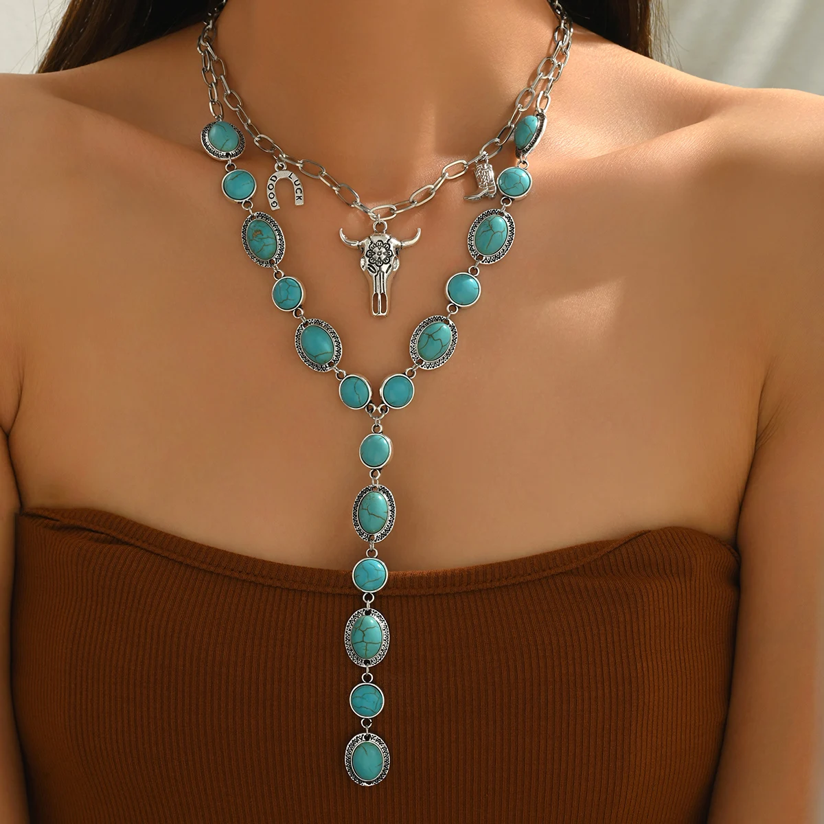 Western Cowboy Layered Y Lariat Choker Necklace Silver Faux Turquoise Bull Skull Horseshoe Boho Vintage Summer Statement Jewelry