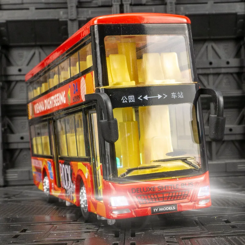 

Имитация двухслойного экскурсионного автобуса, модель автомобиля из сплава, украшение с открывающимися дверцами, обратной связью звука и света, детская игрушка