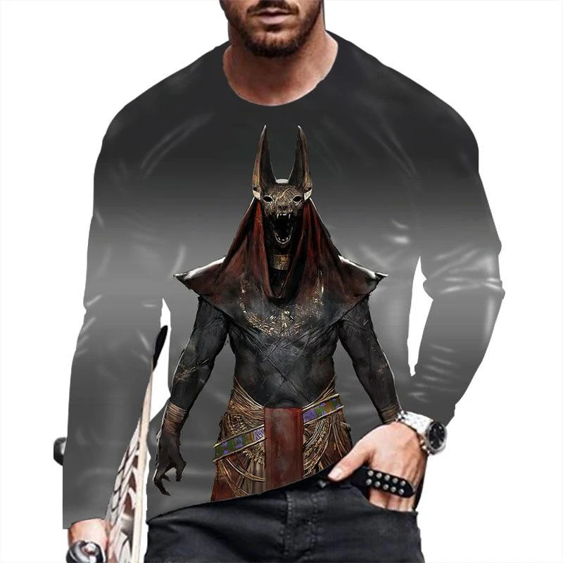 Egyptian Style Anubis Printed T-shirt Men Personality Printed Long Sleeve T-shirt Egypt Pharaoh Pattern Men's Fashion Clothing