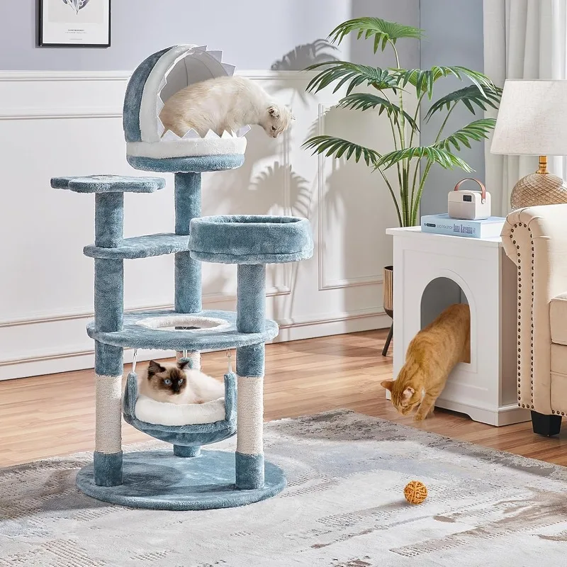 45.5in Ocean-Themed Cat Tree Multi-Level Cat Tower, Plush Furniture with Shark's Mouth-Shaped Nest, Sea Star-Shaped Perch