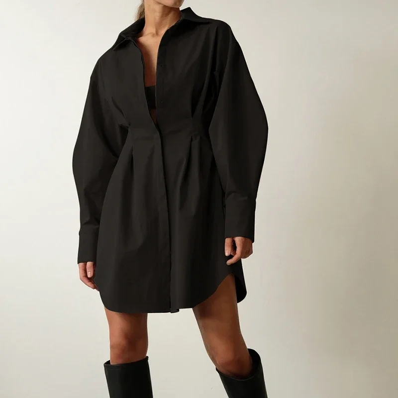 แฟชั่นเดี่ยวจีบ A-Line ชุดผู้หญิงเรียบง่ายแขนยาวชุดฤดูใบไม้ผลิ Slim เสื้อชุด