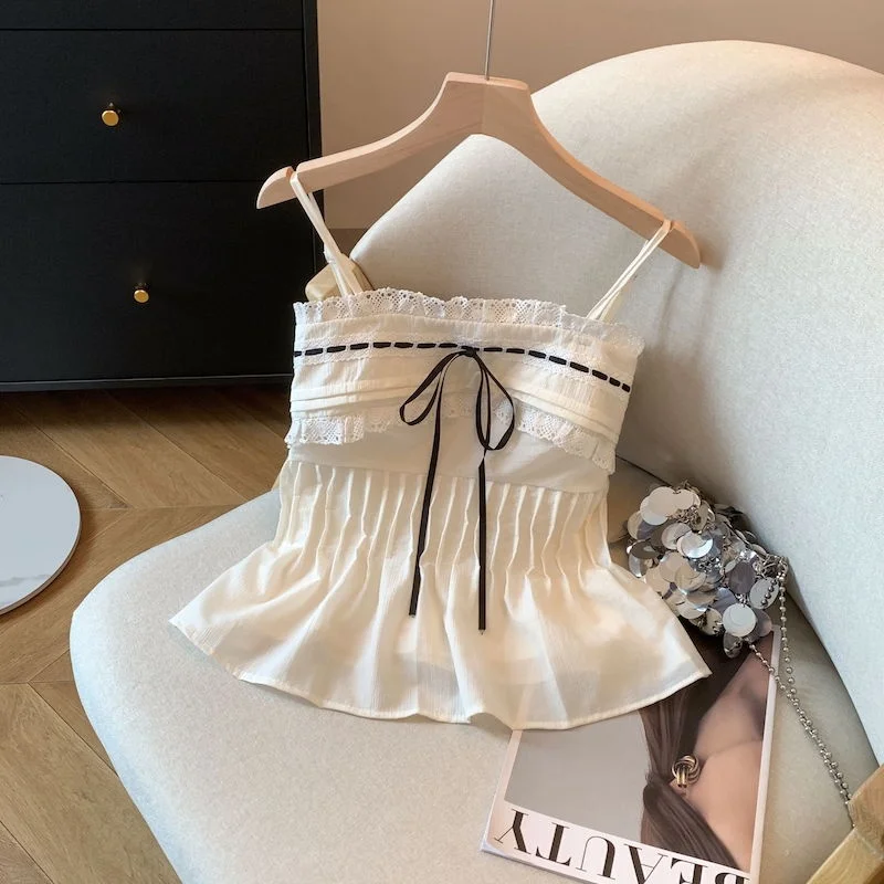 Sexy Lace Splice Design Strapl Vest Sweet Anti-aging Pure Desire Slim Fit Top Summer 2025 Faion Women's Top