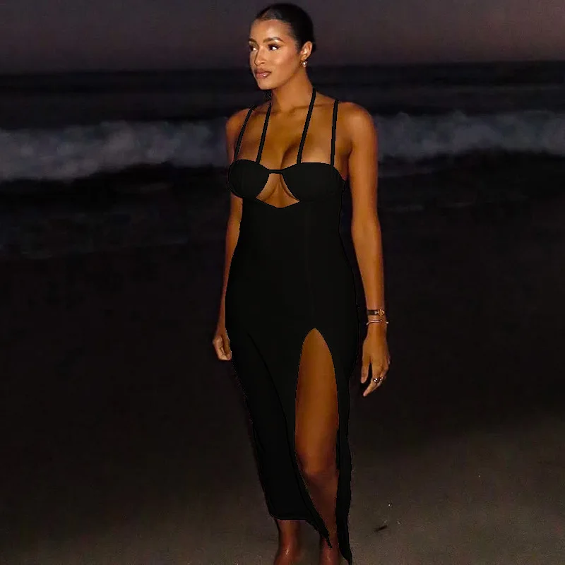 STILVOLLE DAME Cut Out Maxi Kleid 2025, Sommer Frauen Spaghetti Strap Backless Bodycon Sexy Club Party Hohe Split Vestidos De Festa
