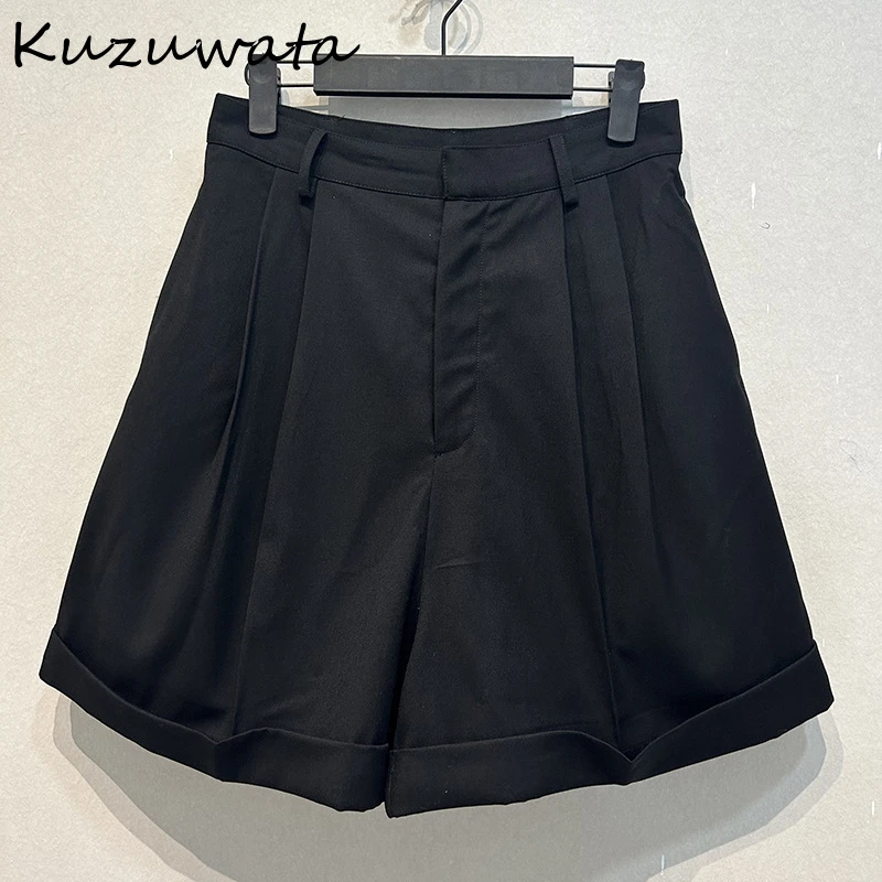 Kuzuwata Fashion High Waist Woman Pants Casual Straight Soft Loose Shorts Japan Early Autumn Ruched Notched Shorts for Women