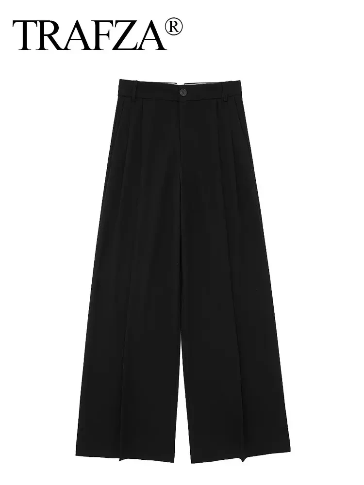 TRAFZA Women Fashion Solid Trousers Zipper Fly High Waist Wide Leg Pants Female Vintage Casual Office Lady Chic Pant