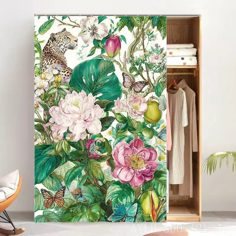 VIKAMA Tropical Jungle Pink Leopard Floral Short Curtain Dustproof Cabinet Cover Shoe Cabinet Kitchen Shelf Decor Curtain