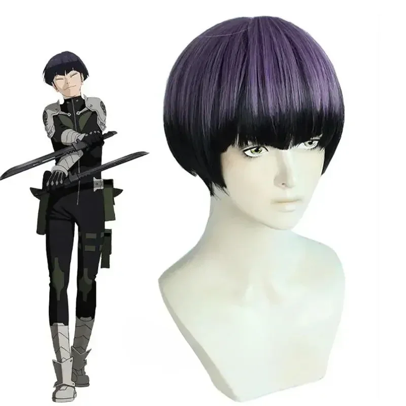 Perruque Soshiro Hoshina Anime Kaiju No. 8 perruques synthétiques courtes violettes et noires de style cosplay Soshiro Hoshina pour fête d'Halloween