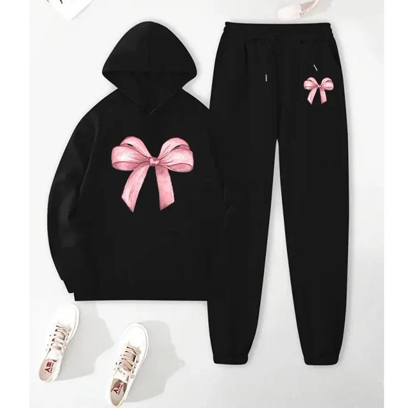 Women's Hoodies Sets Fashion Printed Design Drawstring Hoodie Tops + Pants 2 Piece Sets Harajuku Hooded Streetwear Sportwear