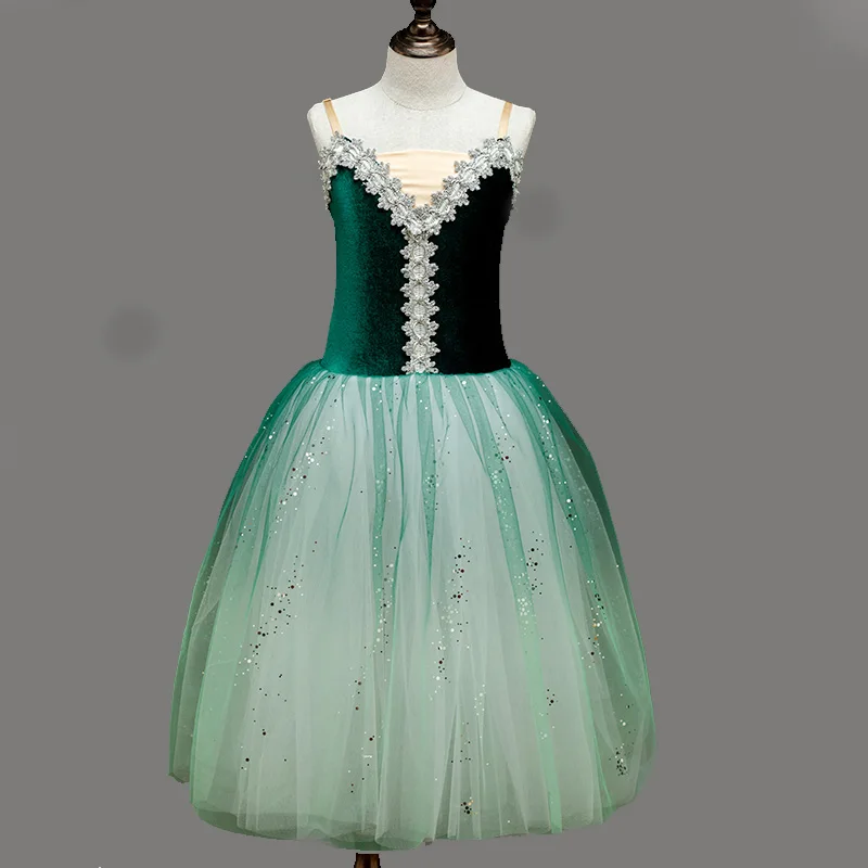 Saia tutu de veludo coreano para mulheres, gradiente verde, vestido longo para meninas, saias de dança do ventre cisne, roupas de performance