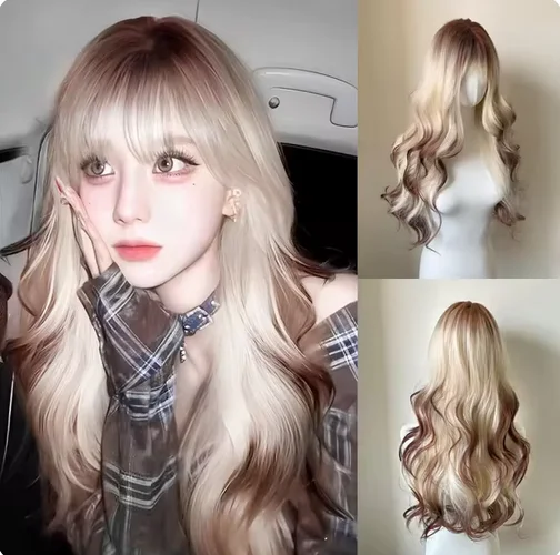 Ombre Blonde Brown Synthetic Wigs Long Wavy Curly Wig with Bangs for White Women Korean Daily Party Cosplay Heat Resistant Hair