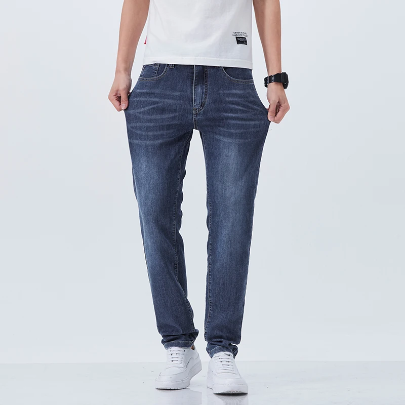 

New Cotton Thin Jeans for Men Blue Straight Stretch Cotton Pants Business Casual Denim Lightweight Trousers Spring Summer