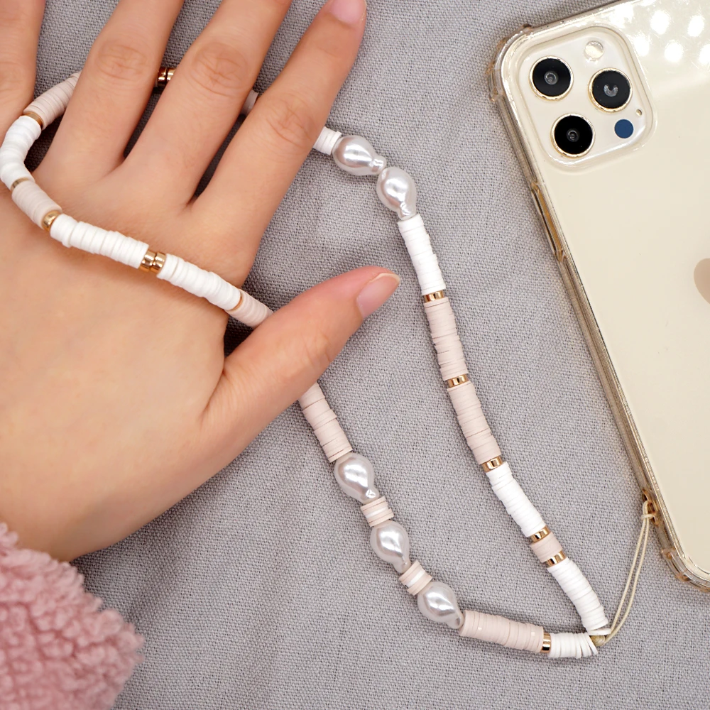 Cor sólida de argila do telefone móvel charme pulseira de telefone cordão imitação pérola corda celular correntes para acessórios de moda feminina