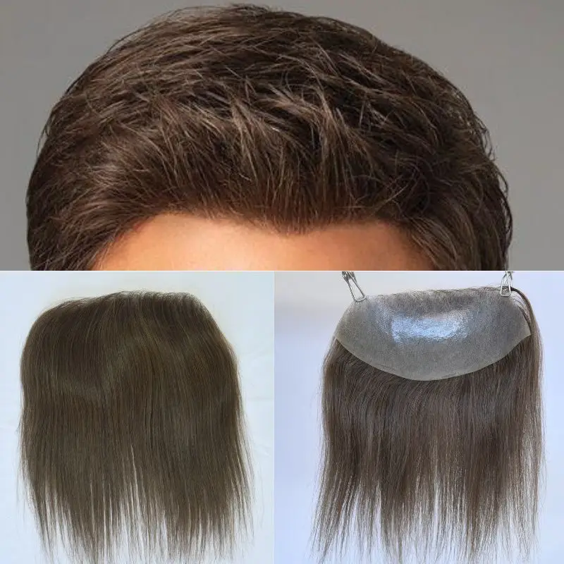 

Pwigs 4 Brown Color 7X16cm Men Toupee V Frontal Forehead Hairline 100% Human Hair Ultra Thin Skin PU Man Hair Patch