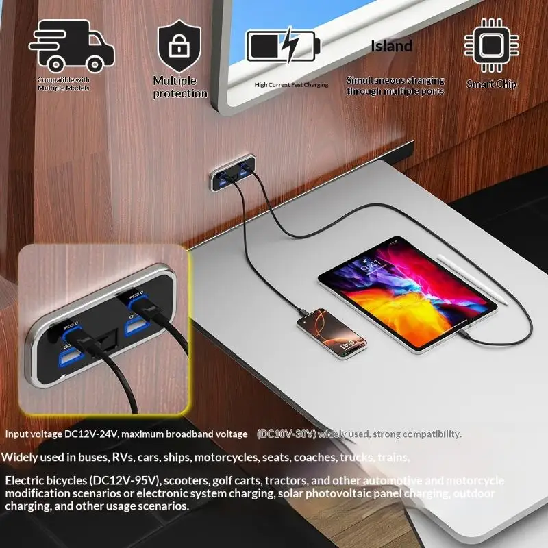 

【MO】4-Port 12-24V RV USB Outlet Fast Car Charging Dual PD3.0 Dual QC3.0 Socket Wall Mount Charger Accessories For Bus Boat Truck