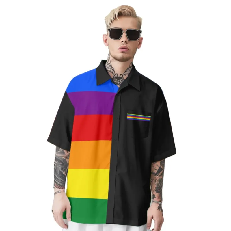 

Rainbow Stripes Printed Black Shirt Men's Hawaiian Chest Pocket Shirt Casual Short Sleeve Daily Smart Business Shirt For Men